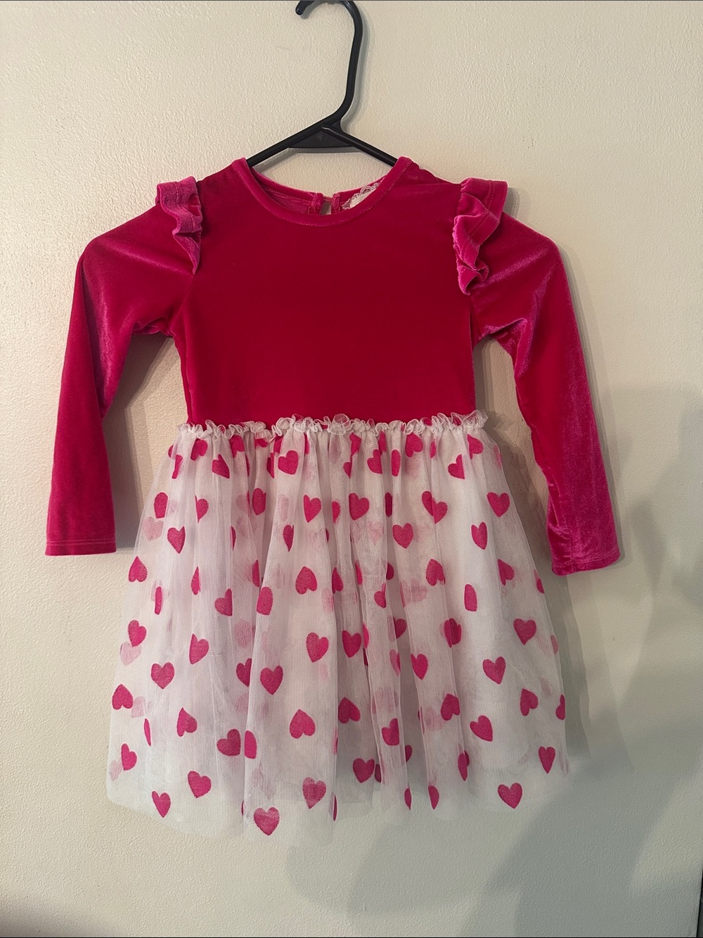 btween Hot Pink Velvet Top with White Heart Tulle Skirt Girls' Dress